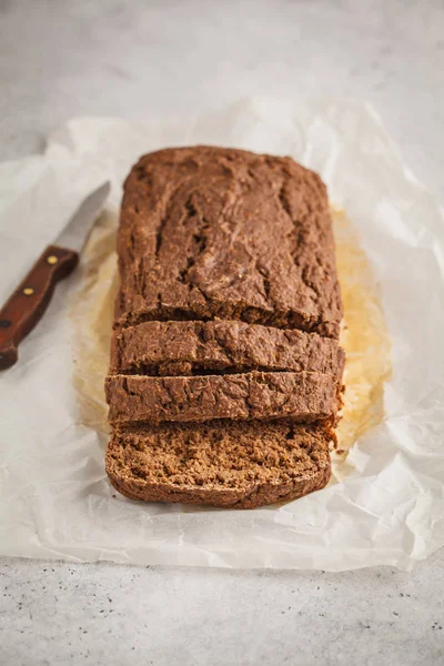 Chocolate vegan zucchini bread, white background. Clean eating concept.