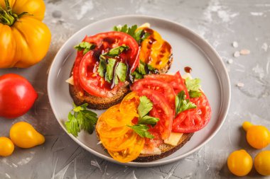 Sandviç domates ve peynirle gri plaka, üstten görünüm üzerinde. Temiz yemek kavramı.