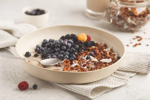 Homemade Granola Nuts Coconut Berries Milk White Plate Clean Eating — Stock Photo, Image