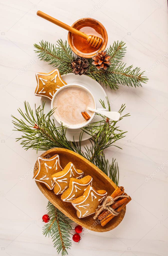 Christmas table setting with ginger cookies and cocoa. Christmas postcard. White background, christmas concept.