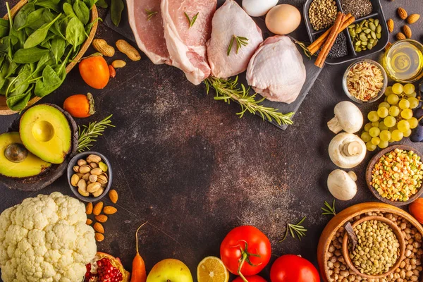 Evenwichtige Voeding Voedsel Achtergrond Gezonde Ingrediënten Fruit Groenten Vlees Granen — Stockfoto