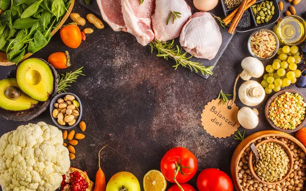 Rahmen Für Ausgewogene Ernährung Gesunde Zutaten Obst Gemüse Fleisch Getreide — Stockfoto