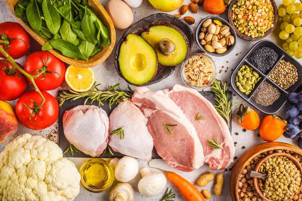 Kiegyensúlyozott Étrend Élelmiszer Háttér Egészséges Hozzávalók Gyümölcs Zöldség Hús Gabona — Stock Fotó