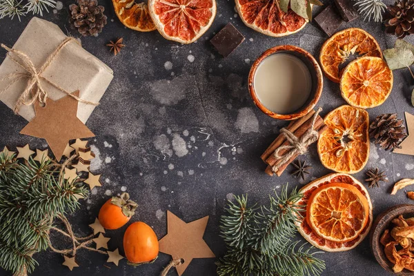 Christmas decorations background. Christmas food flat lay, top view, space for text.