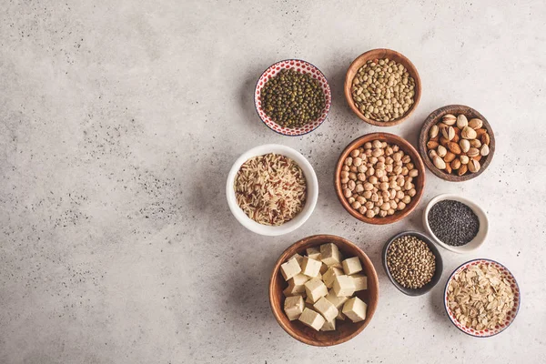 Fonte Proteína Vegan Tofu Feijão Grão Bico Nozes Sementes Fundo — Fotografia de Stock