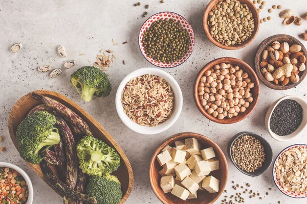 Fonte Proteína Vegan Tofu Feijão Grão Bico Nozes Sementes Fundo — Fotografia de Stock