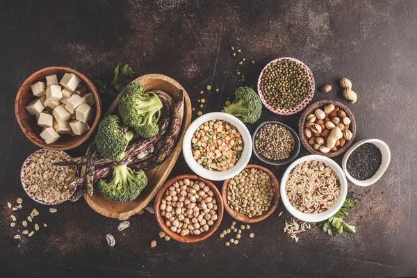 Fonte Proteína Vegan Tofu Feijão Grão Bico Nozes Sementes Fundo — Fotografia de Stock