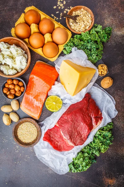 Fondo Alimenticio Dieta Equilibrada Alimentos Proteicos Pescado Carne Huevos Queso — Foto de Stock