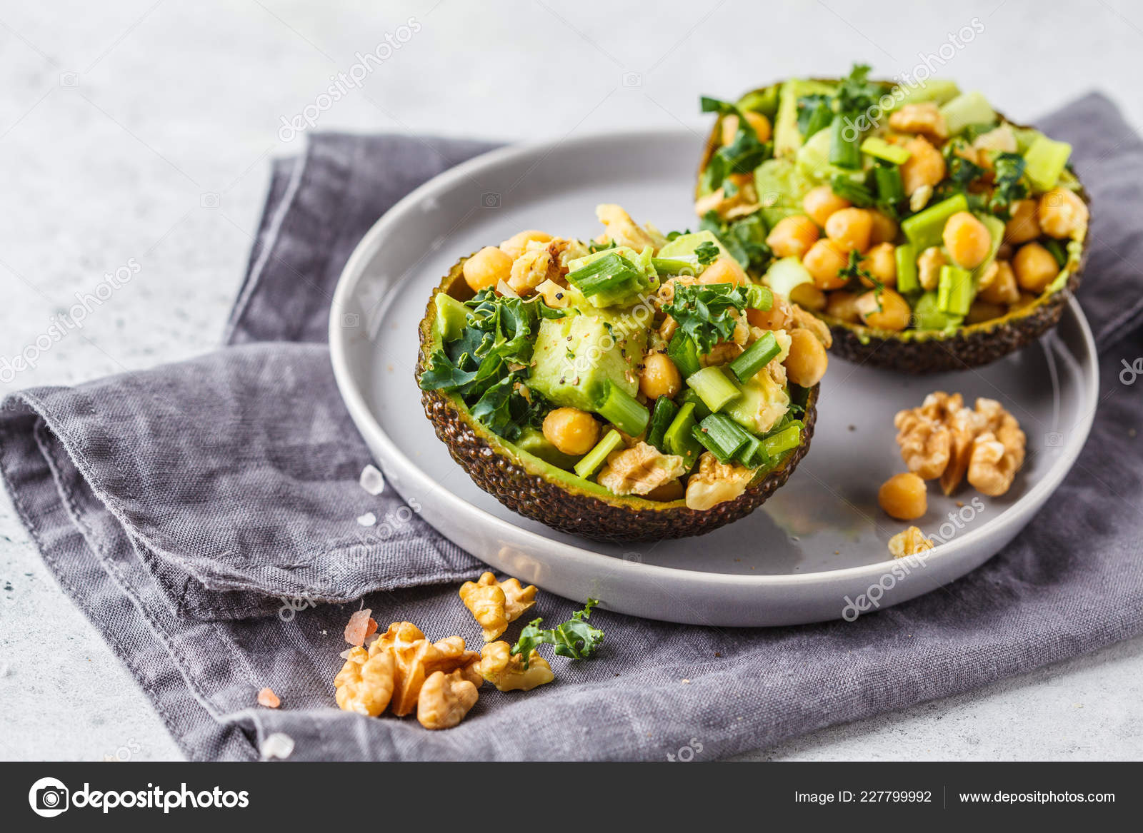 Avocado Halves Stuffed Avocado Nuts Chickpeas Plant Based Diet Concept