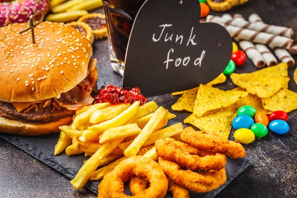 Concetto Cibo Spazzatura Sfondo Cibo Malsano Fast Food Zucchero Burger — Foto Stock