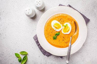 Yumurta beyaz bir plaka, kopya alanı ile ev yapımı İspanyol salmorejo.