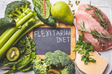 Flexitarian diyet gıda arka plan kavramı, üstten görünüm.