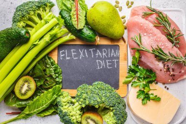 Flexitarian diyet gıda arka plan kavramı, üstten görünüm.