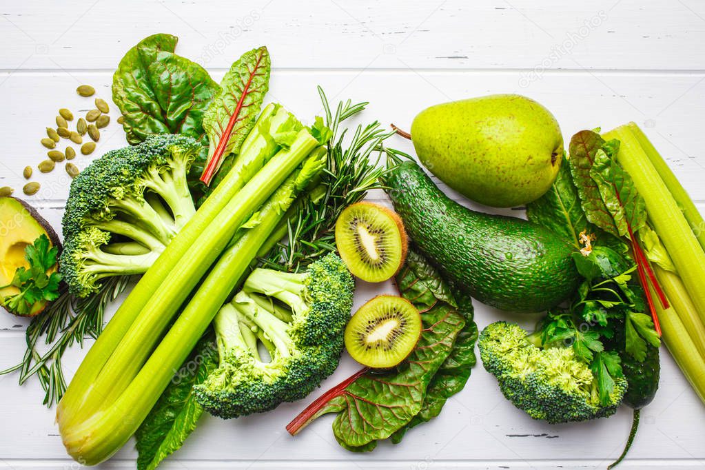 Green food background. Healthy green vegetables and fruits, top 