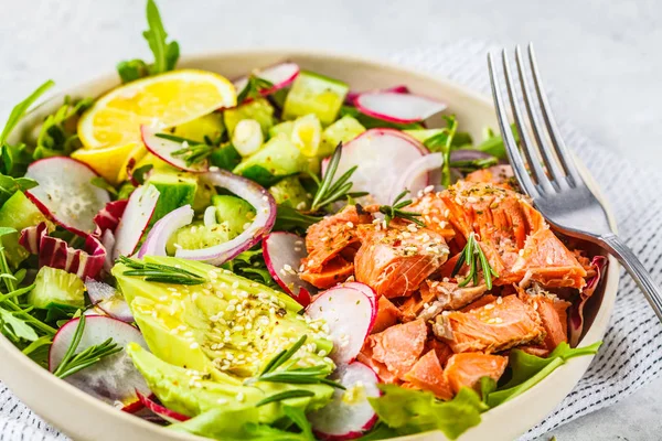 Gebakken rode vissalade met avocado, komkommer, radijs en rucola — Stockfoto