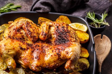 Izgara tavada patates ile kavrulmuş bütün tavuk, koyu backgro