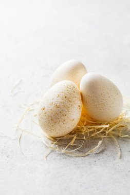 Beyaz arka planda saman üzerinde hindi yumurta.