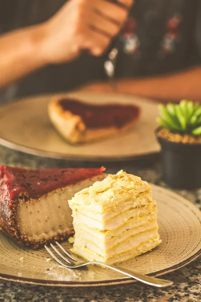 Vegan desserts: berry cake, napoleon cake and cheesecake