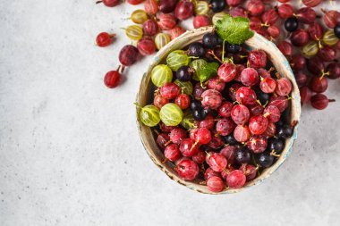 Gri arka planda bir kasede kırmızı, yeşil ve siyah Bektaşi üzümü, 