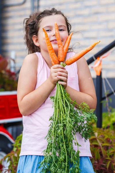 Little girl holding raw carrots with tops on the street. — Stock Photo, Image