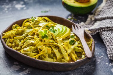 Koyu çanak pesto ve avokado ile Kabak makarna.