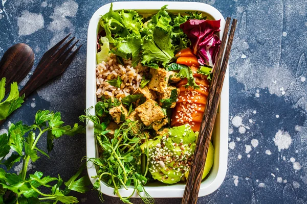 Krabička na oběd se zdravým veganským jídlem. Bento box s rýží — Stock fotografie