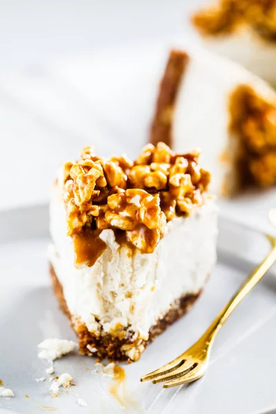 Raw vegan cashew cheesecake with caramel popcorn.