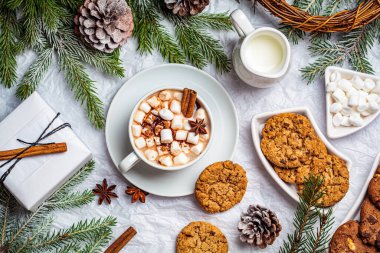 Noel arkaplanı. Noel süslemelerinde marşmelov ve kurabiyeli kış kakaosu.