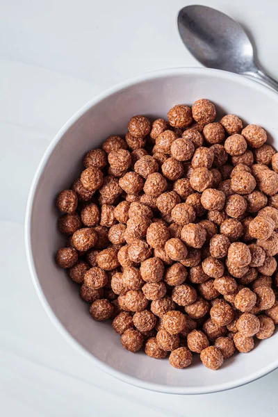 Chocolate Balls Corn Flakes White Bowl White Background Breakfast Food — Stock Photo, Image