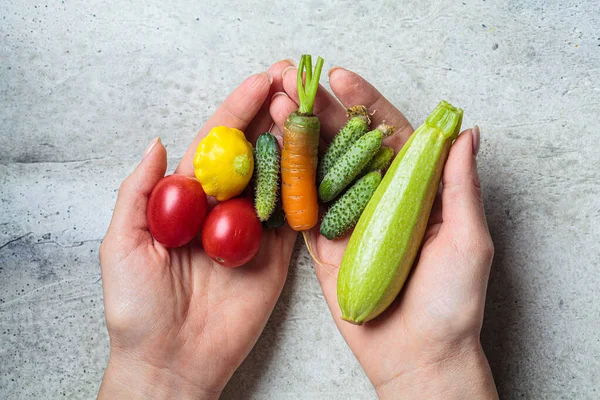 Mini Warzywa Ręku Mini Cukinia Pomidory Ogórki Squash Marchewki Szarym — Zdjęcie stockowe