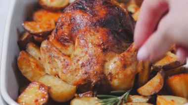 Bütün tavuğu patates ve biberiyeyle pişirdim.