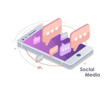 Sosyal ağ ve sohbet vektörü. Küresel iletişim, e-posta, web aramaları. Konuşma baloncukları olan akıllı telefon. Düz vektör çizimi