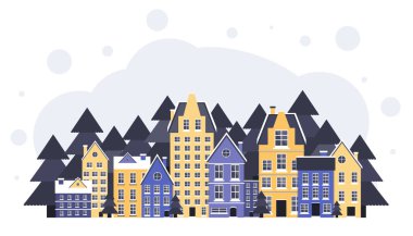 Kış manzarası. Yeni yıl ve Noel posteri. Köyde kış. Noel arifesi. Düz vektör illüstrasyonu