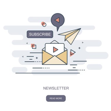 Düzenli olarak abonelerinin ilgilendiği konuları içeren e-posta yoluyla yayınlanan düz dizayn konsepti. Düz vektör çizimi. Haber konsepti