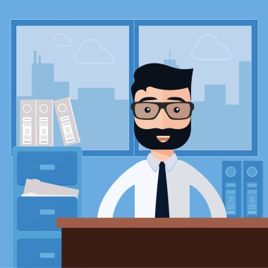 Ofiste oturan işadamı. Düz vektör çizim