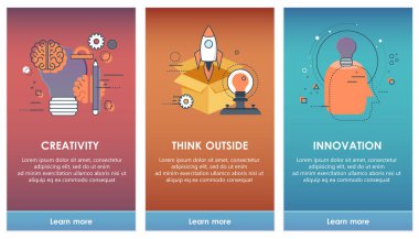 Mobil uygulama şablonları kavramı için biniş ekranlarında. Yaratıcılık, dışarıda düşünmek, yenilik. Vektör illüstrasyon düz tasarım