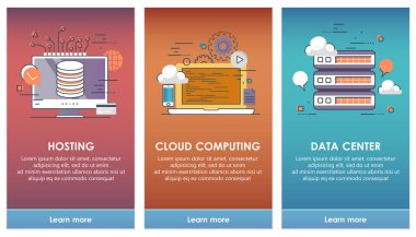 Mobil uygulama şablonları kavramı için biniş ekranlarında. Bulut bilgi işlem, barındırma, veri merkezi. Vektör illüstrasyon düz tasarım