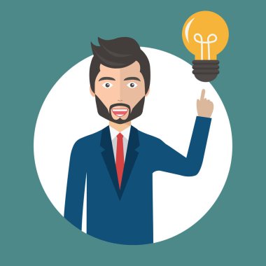 Bir fikir kavramı ile iş adamı. Harika iş fikri sembolü olarak ampul yanında duran adam. Düz vektör çizim