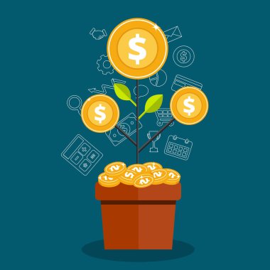 Finansal performans, yatırım, yatırım fonu, bütçe planlaması, istatistik raporu, iş verimliliği, finans konsolidasyonu, gelir büyüme kavramı. Düz vektör illüstrasyonu
