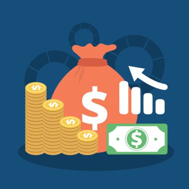 Finansal performans, yatırım, yatırım fonu, bütçe planlaması, istatistik raporu, iş verimliliği, finans konsolidasyonu, gelir büyüme kavramı. Düz vektör illüstrasyonu