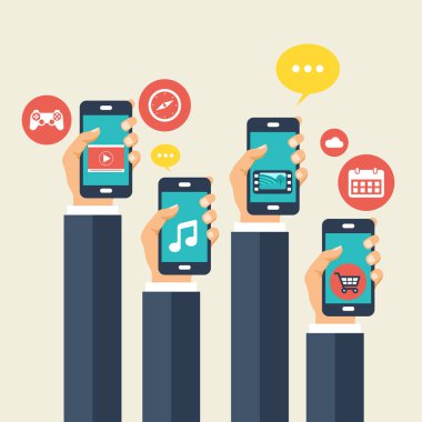 Mobil uygulamalar konsepti. Telefonları olan eller. Düz vektör illüstrasyonu.