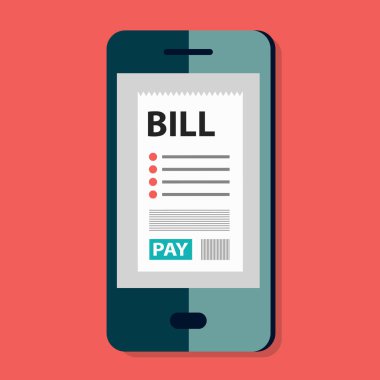 Mobil ödeme kavramı. Hatta faturaları. Hatta banka ve alışveriş için bir cep telefonuyla. Düz vektör çizim