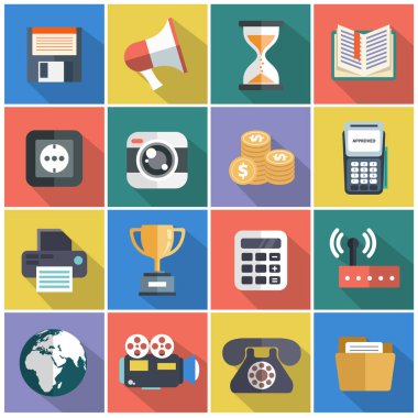 web tasarım nesneleri, işyeri, ofis ve pazarlama öğeleri koleksiyonu şık renklerde uzun gölge etkisi ile modern düz simgeler vektör