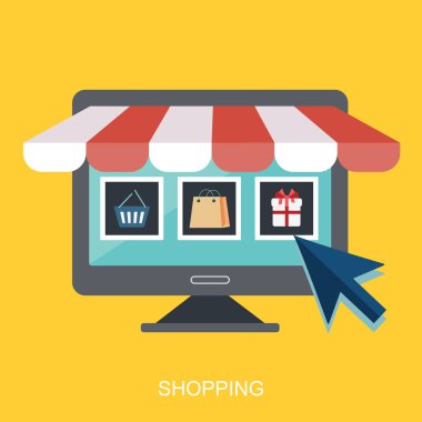 Web mağaza ve hatta konsept alışveriş. Küresel iletişim, internet bankacılığı, ticaret, e-ticaret, para yapma. Düz vektör çizim