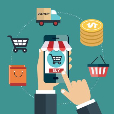 Mobil Pazarlama ve mobil kavramı alışveriş. Düz vektör çizim