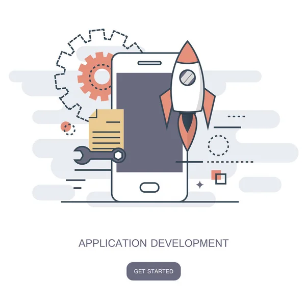 Mobile Anwendung Und Entwicklungskonzept Für Mobile Apps Flache Vektorabbildung — Stockvektor