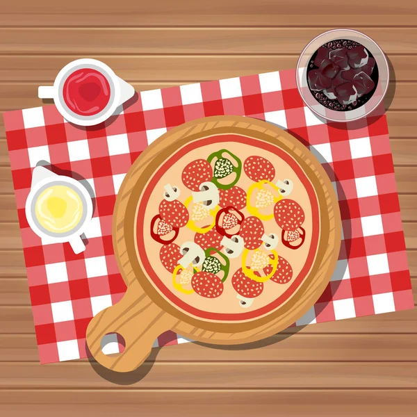 Pizza Mesa Com Garrafas Ketchup Maionese Servido Com Copo Suco —  Vetores de Stock