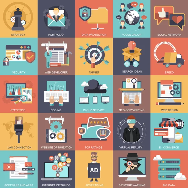 Business Technologie Management Financiën Icon Set Collectie Platte Vector Illustratie — Stockvector