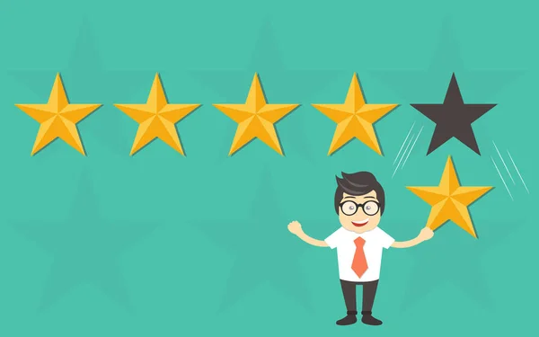 Customer rating, feedback, star rating, quality work. Businessman holding a gold star in hand, to give five. Evaluation system. Positive review. Flat vector illustration