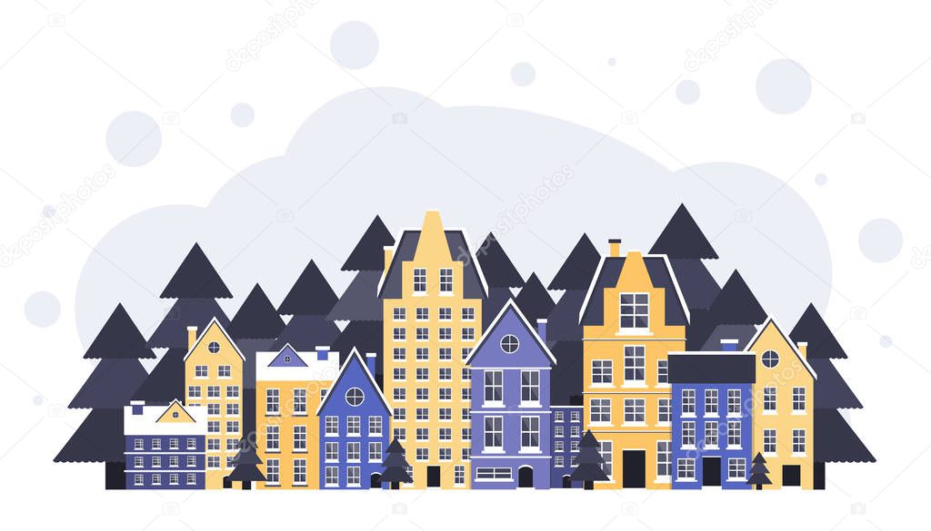 Winter landscape. New Year and Christmas poster. Winter in village. Christmas eve. Flat vector illustration